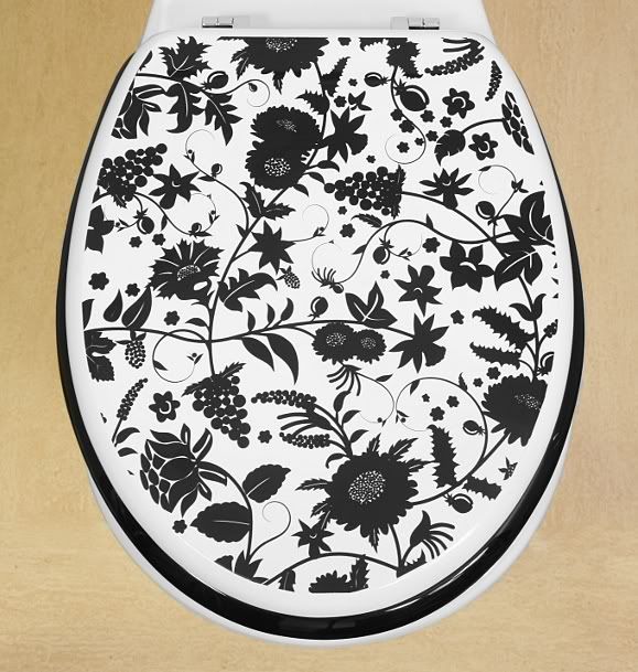 Toilet Seat Novelty Funky Black & Cream Flowers High Gloss Lacquered